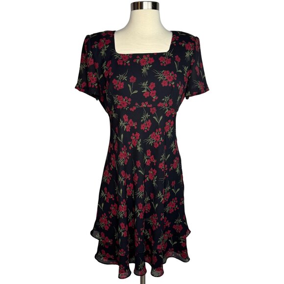 Vintage Donna Ricco Whimsigoth Dark Fairy Romantic Black Red Floral Dress Size 6 - Picture 1 of 10